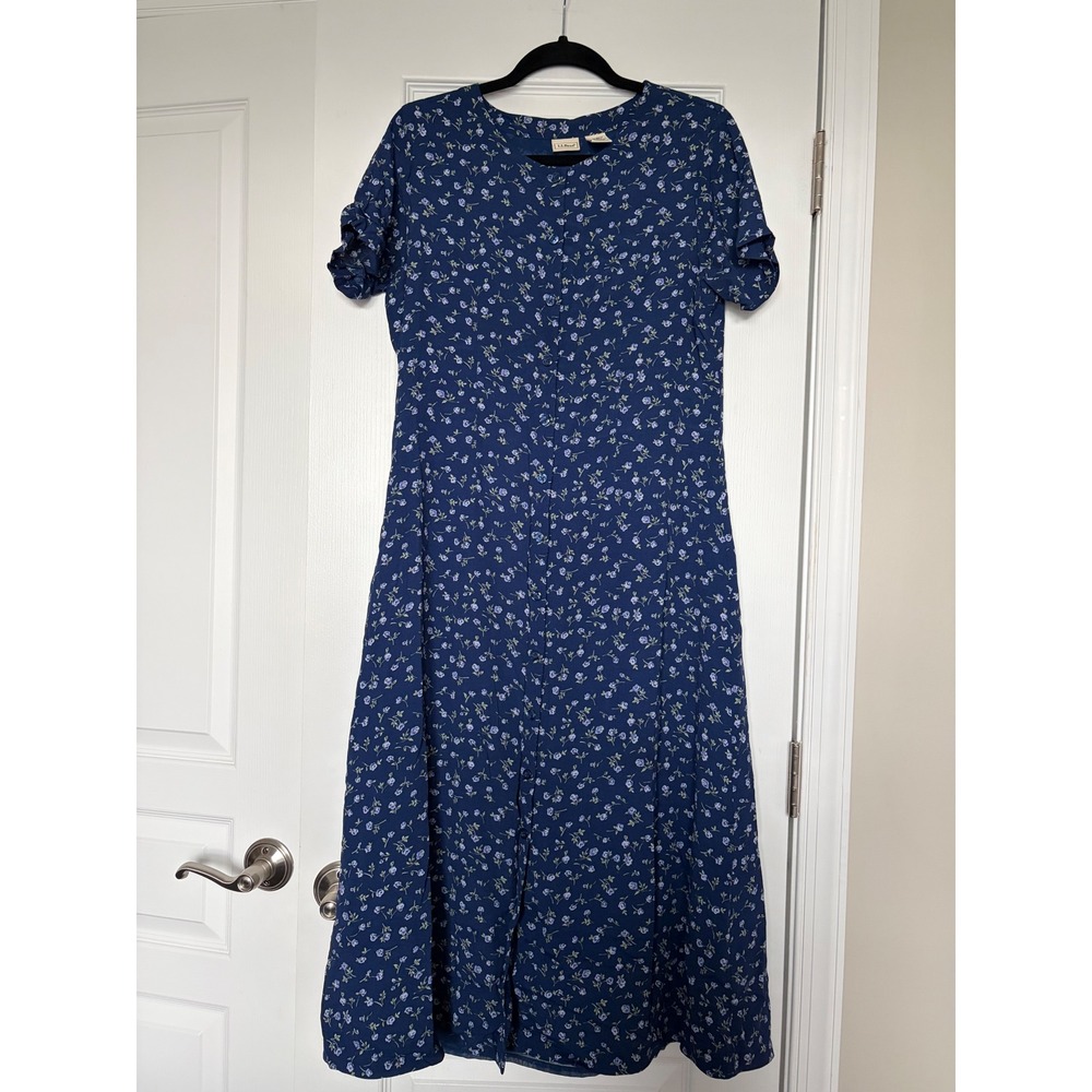 LL Bean Navy Blue Floral Button Front Midi Dress Petite 10 Rayon Short Sleeve
